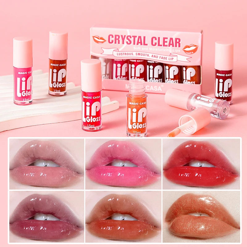 MAGIC CASA 6-Piece Set Water-Gloss Jelly Lip Oil - Plumping, Hydrating, Makeup Base, Long-Lasting Moisture