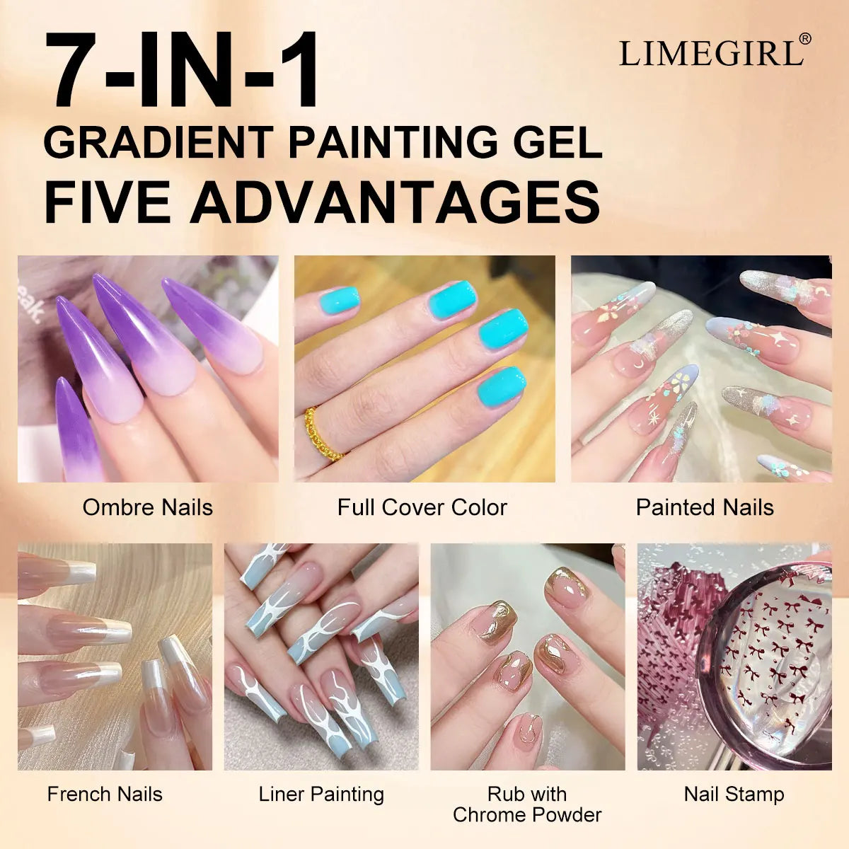 LIMEGIRL 7in1 Nail Gradient Gel Kit Long-lasting Nail Gel Polish Hybrid Color High Texture Gradient Nail Gel for Nail Salon Art