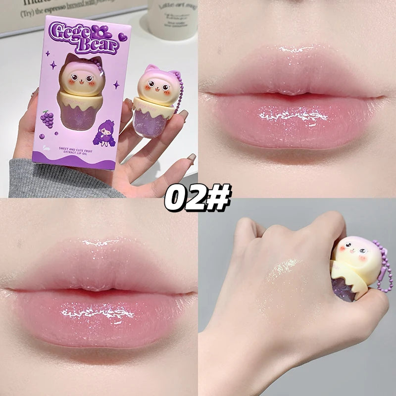 Gege Bear Cute Fruit-Flavored Lip Oil, Can be Key Pendant, Hydrating & Moisturizing Lip Balm for Lipstick Base, Reduces Lip Line