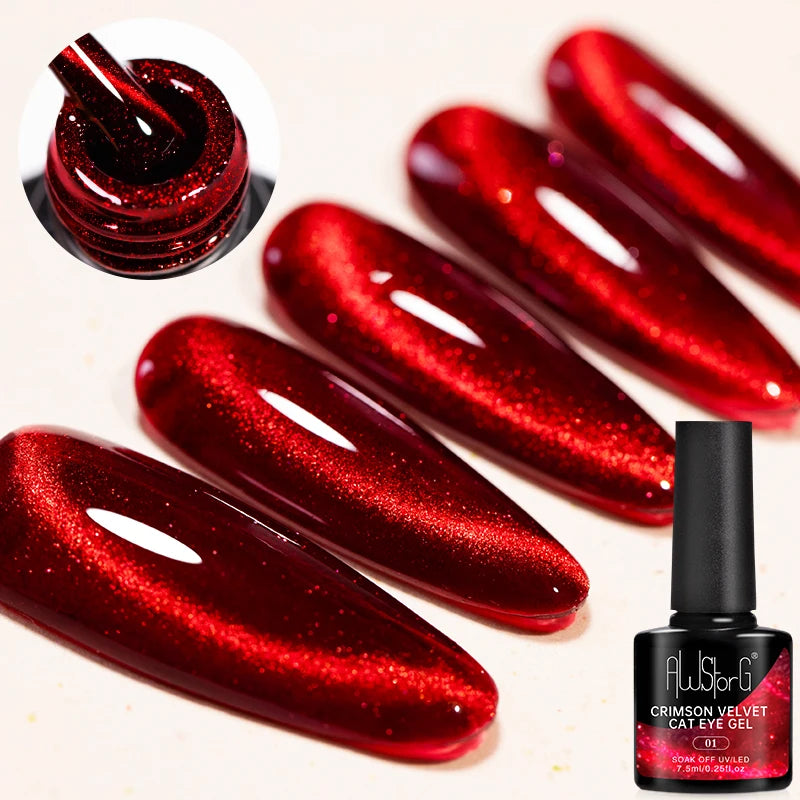 AWStorG 7.5ml Crimson Velvet Cat Eye Magnetic Gel Nail Polish Shiny Ruby Red Cat Eye Gel Soak Off UV Semi-Permanent Nail Art