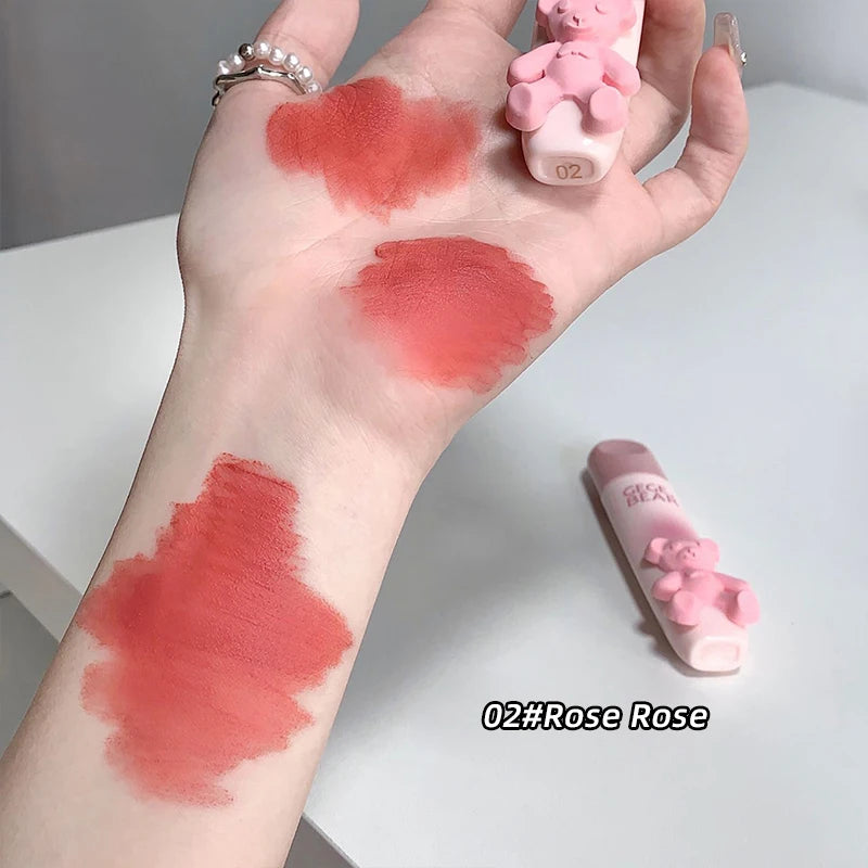 Cute Little Bear Lip Glaze Mist Face Matte Velvet Lipstick Holding Makeup Whitening Lip Cream Coloring Lip Color