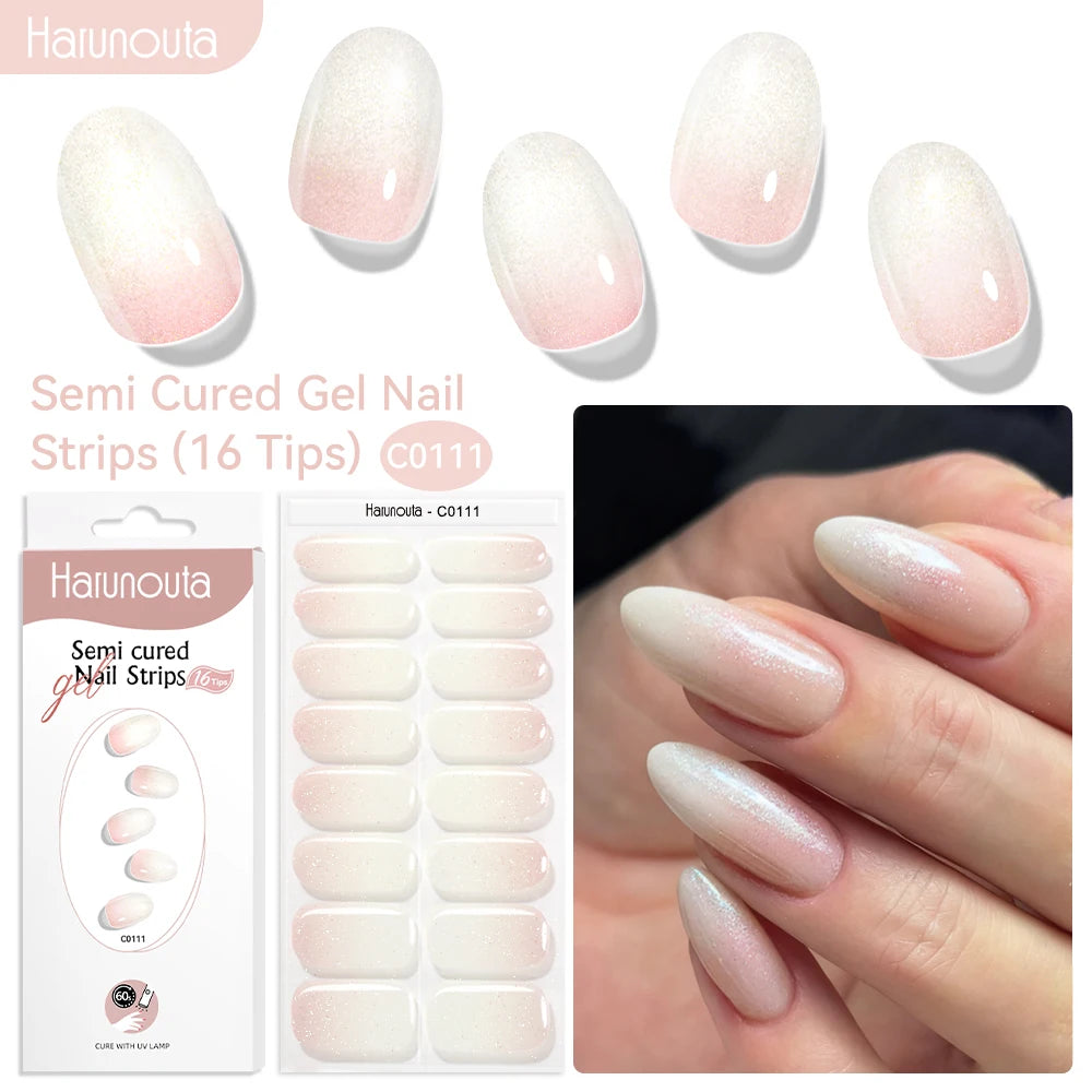 Harunouta 16strips Gradient Red Marble Gold Line Semi Cured Gel Nail Strips DIY Gel Polish Stickers for Nails Work with UV/LED