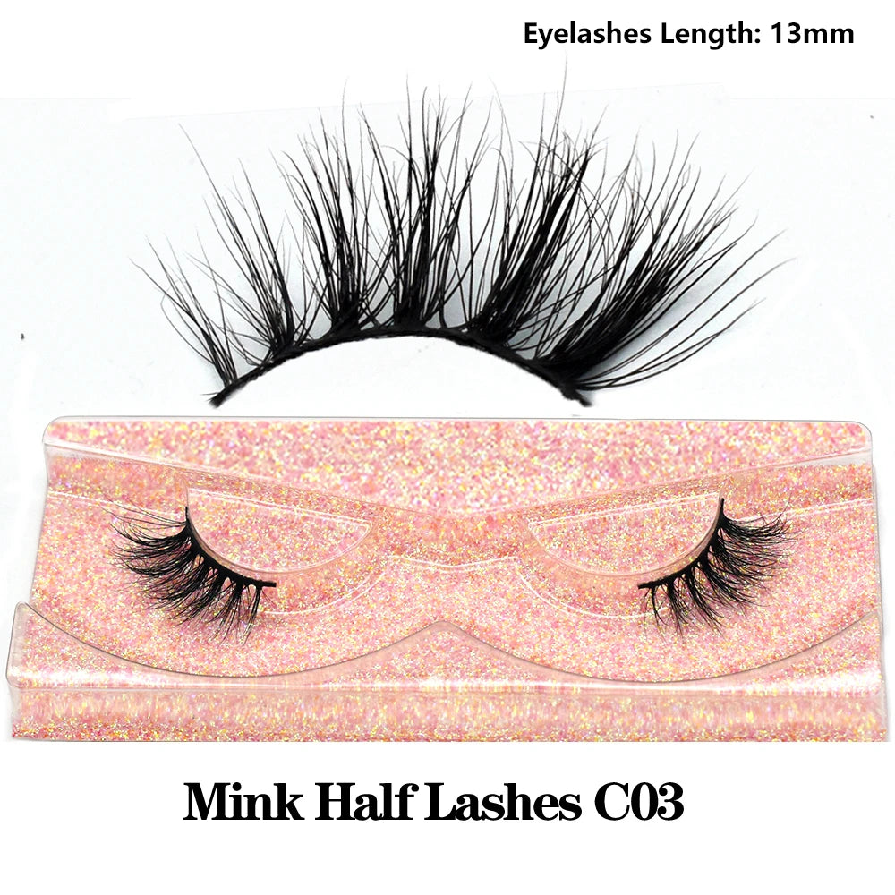 3D Mink Fluffy Half False Eyelashes Natural Soft Lightweight Clear Band Half Eye Strip Lashes Reusable Short Eyelashes Extension