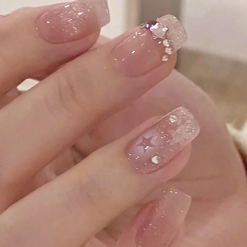24Pcs Pink Cat Blue Love Cute Short Ballet Press on False Nails Sweet French Cat Eye Bow Star Designs Style Detachable Nails Set