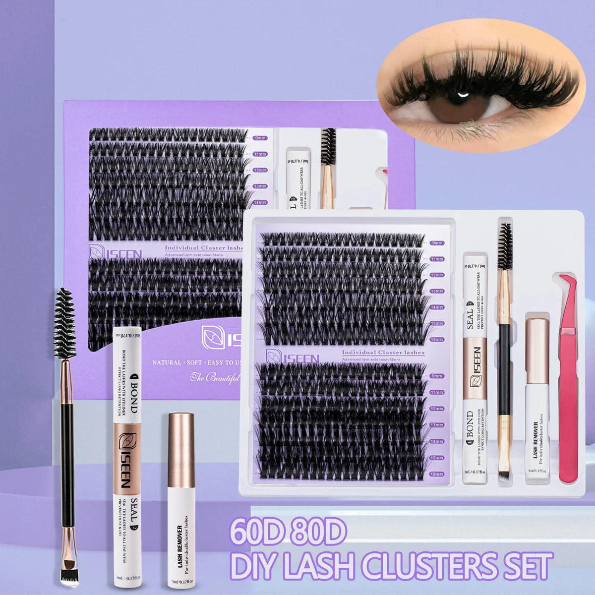 Eyelash Cluster DIY Eyelash Extension Kit with Tweezers Bond and Seal Reusable Single Eyelashes Festival Gift Eye Makeup