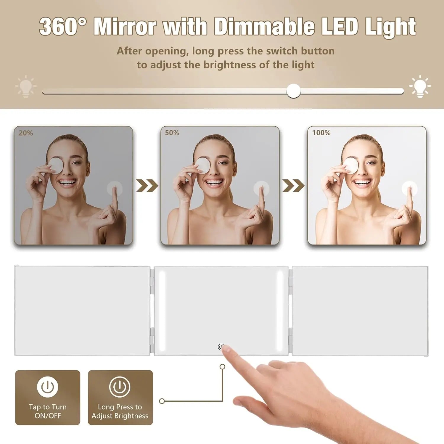 3 Way LED Makeup Mirror for Self Hair Cutting Rechargeable 360° DIY Self Haircut Mirror with Lights and Height Adjustable Hooks