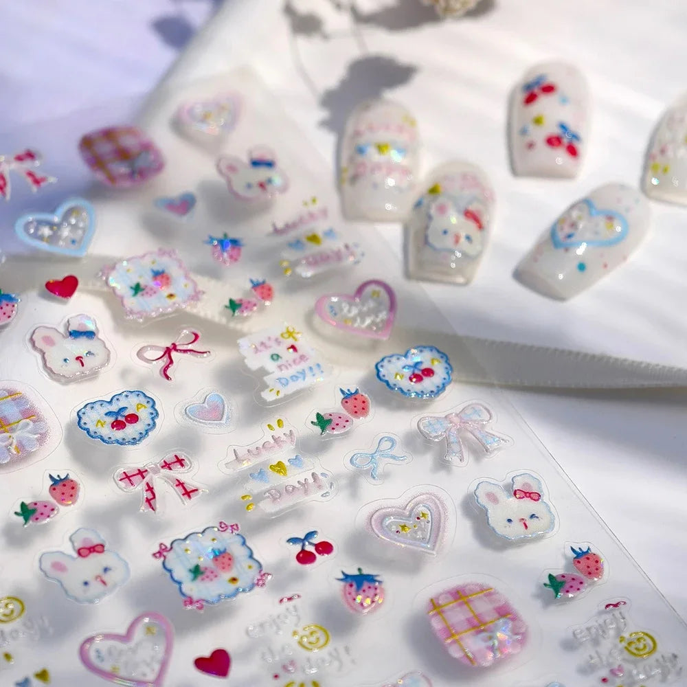 Cute Juicy Red Cherry Bowknot 5D Nail Art Stickers Lovely Shiny Crystal Rhinestone Self Adhesive Decoration Manicure Decal DIY