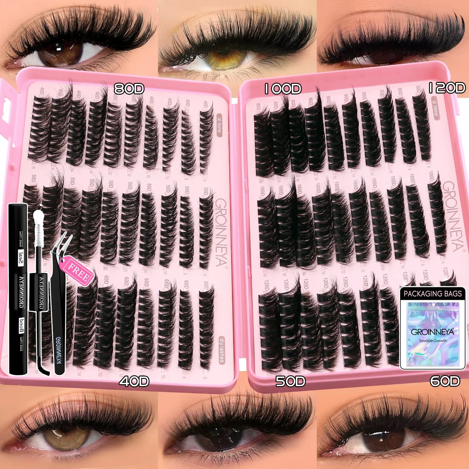 GROINNEYA Lash Clusters Kit Cat Lashes with Lash Bond & Seal Wispy Cluster Eyelash Clusters Kit DIY Eyelash Extensions at Home