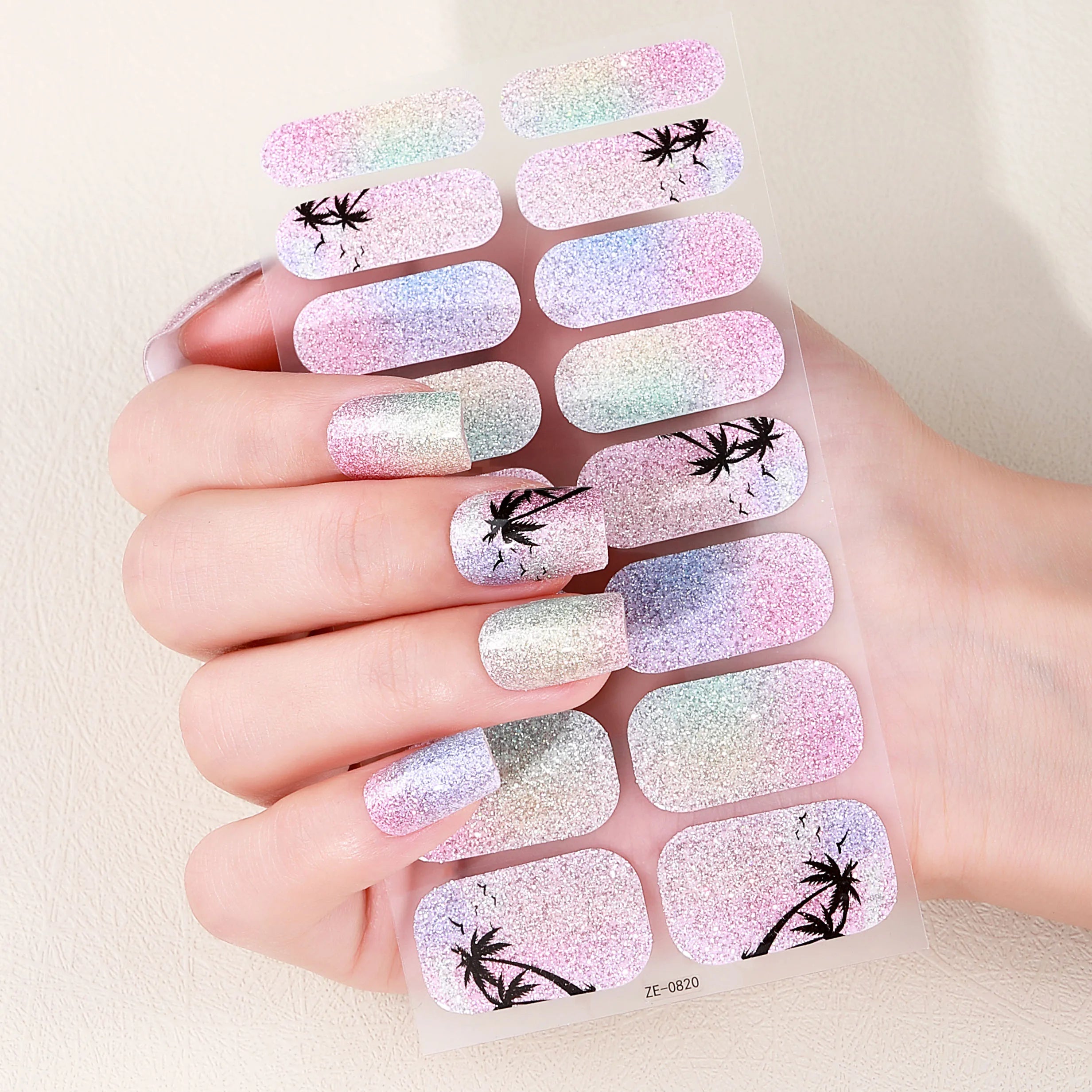 16Tips Full Cover Baking-Free Nail Polish Strips Summer Beach Coconut Tree Self-Adhesive DIY Nail Stickers Manicure Decoration