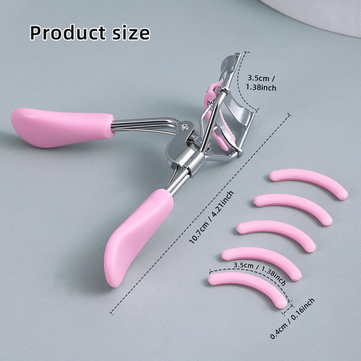 Portable eyelash curler with 5 silicone pads, pink stainless steel with comb curling tool for eyelash extension, eyelash curler