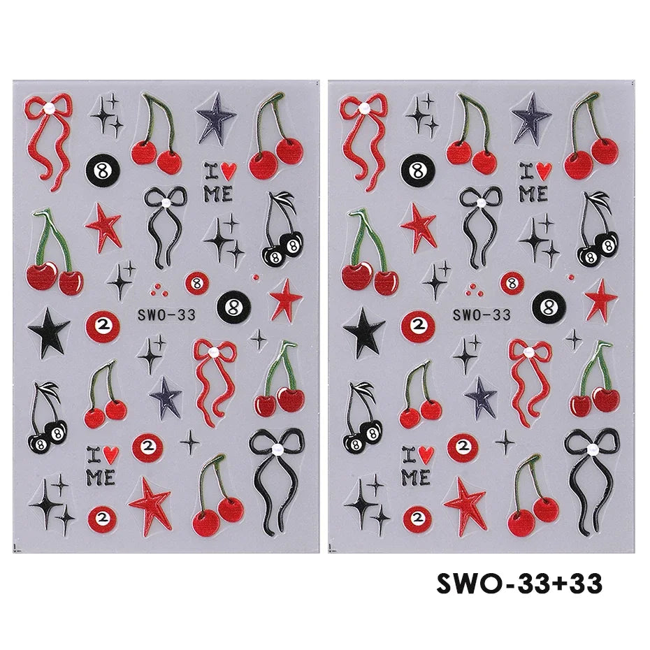 2pcs Sweet Element Nail Art Stickers Simple Flower Heart Cherry Strawberry Kawaii Decals Colorful Bow Butterfly Manicure Sliders