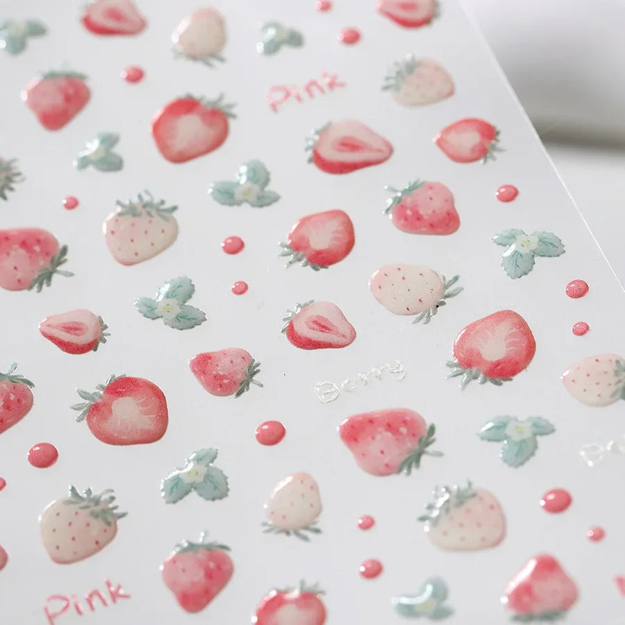 Cute Juicy Red Cherry Bowknot 5D Nail Art Stickers Lovely Shiny Crystal Rhinestone Self Adhesive Decoration Manicure Decal DIY