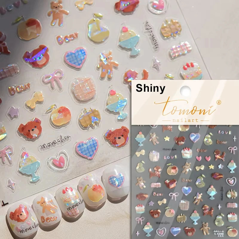 1pcs 5D Japanese Kawaii Bear Nail Art Stickers Brown Cartoon Animals Self-Adhesive Nail Decoration Decals DIY Slider Accessories