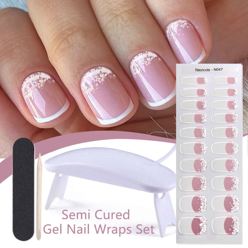Harunouta 4pcs/set Gradient Jelly Semi Cured Gel Nail Strips with Nail Lamp Nude Pink Waterproof Nail Stickers Long Lasting Wrap