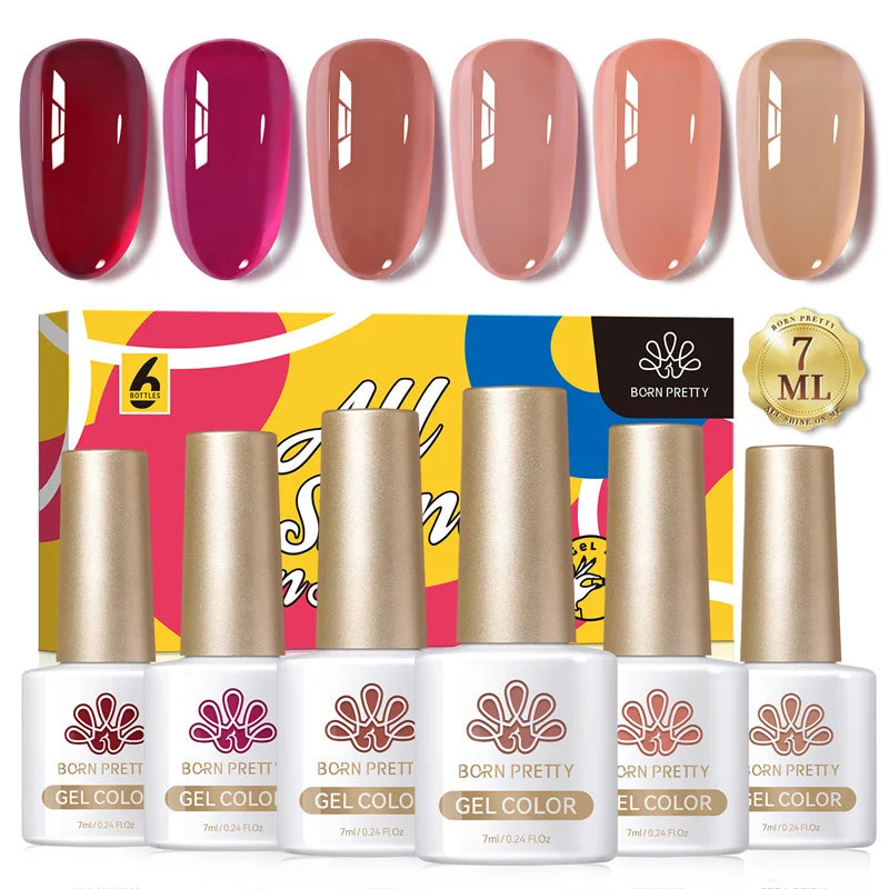 BORN PRETTY 6pcs Crystal Amber Gel Nail Polish Set Jelly Pink Nude Winter Semi Permanent Soak Off UV LED Varnish Manicure Kits