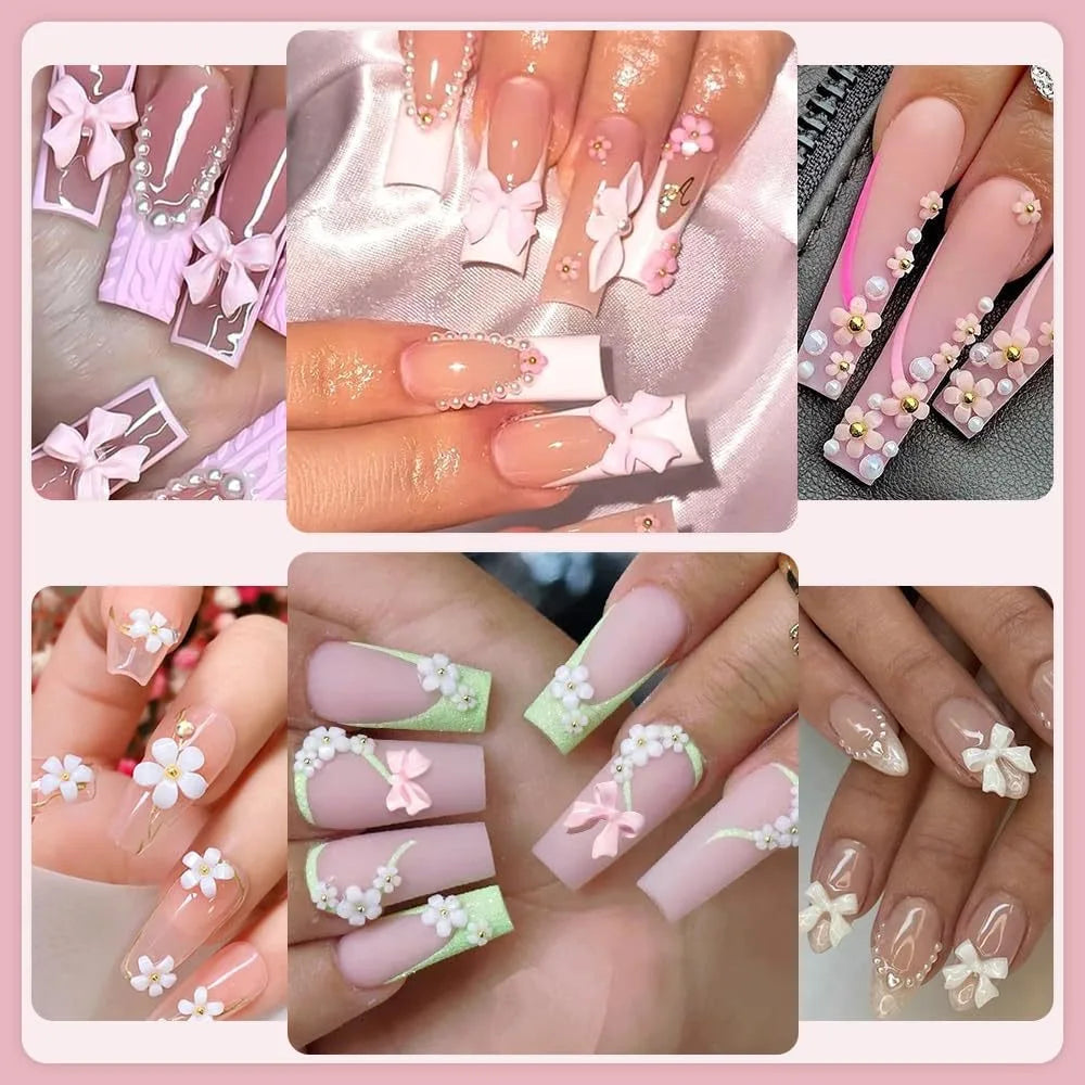 Mixed Acrylic Bowknot 3D Nail Art Decorations Flower Resin Charms Gold Beads Caviar Pearl Mixed Rhinestones Accessories set