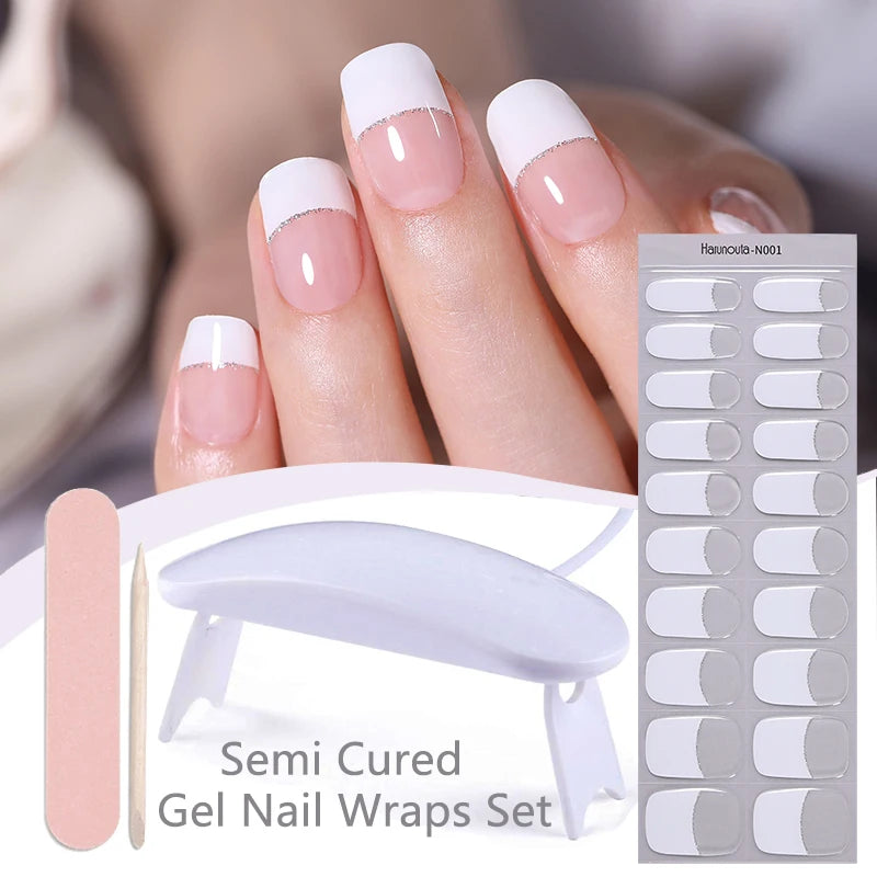 Harunouta 4pcs/set Gradient Jelly Semi Cured Gel Nail Strips with Nail Lamp Nude Pink Waterproof Nail Stickers Long Lasting Wrap