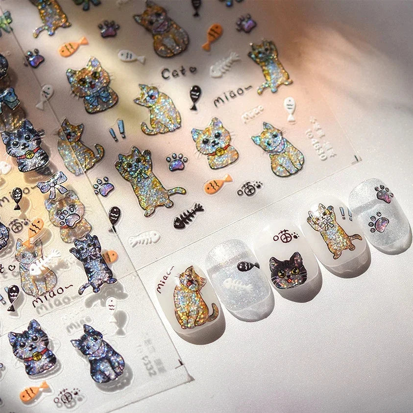 Cute Cat Eye Fishbone Animals Leopard Cat Ginger Cat Kitten Exclamation Point Paw Self Adhesive Nail Art Sticker Manicure Decals