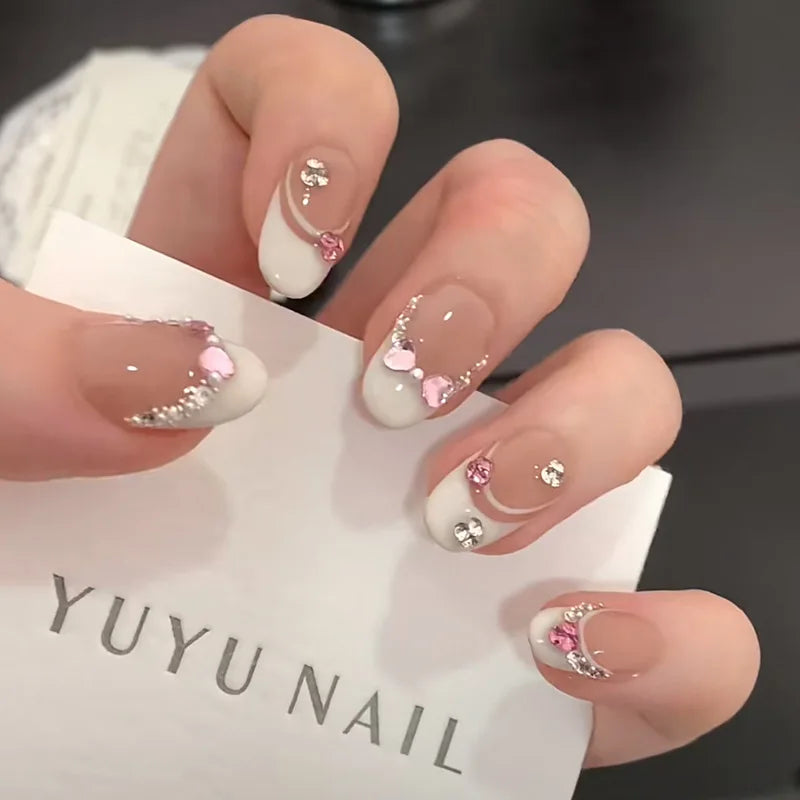 10Pcs White French Pink Heart Diamond Manicure Art Gentle Sweet Short Oval Artificial Wearing Nails Patch Full Cover Press Ons