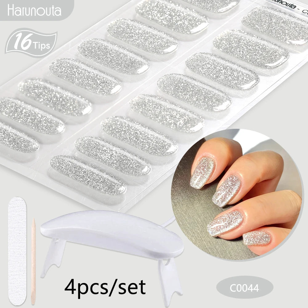 Harunouta 4pcs/set Gradient Jelly Semi Cured Gel Nail Strips with Nail Lamp Nude Pink Waterproof Nail Stickers Long Lasting Wrap