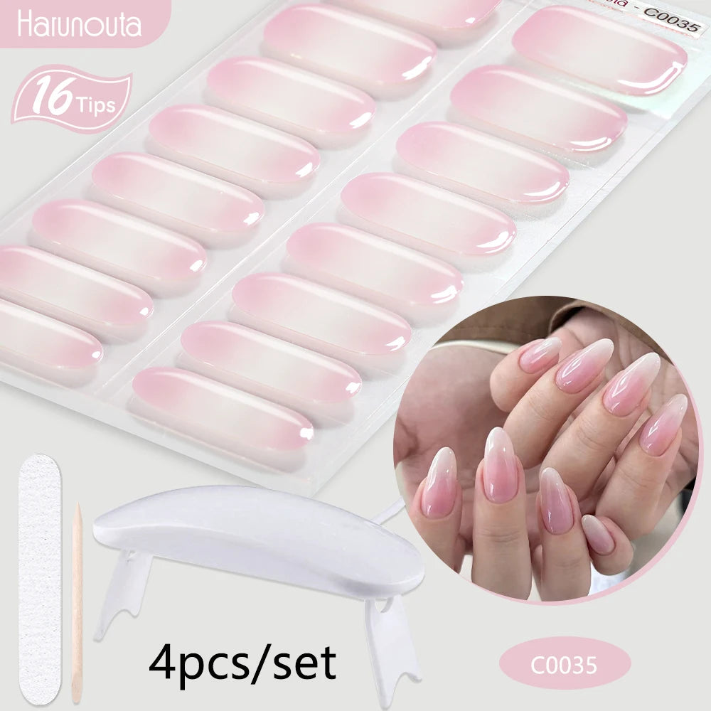 Harunouta 4pcs/set Gradient Jelly Semi Cured Gel Nail Strips with Nail Lamp Nude Pink Waterproof Nail Stickers Long Lasting Wrap