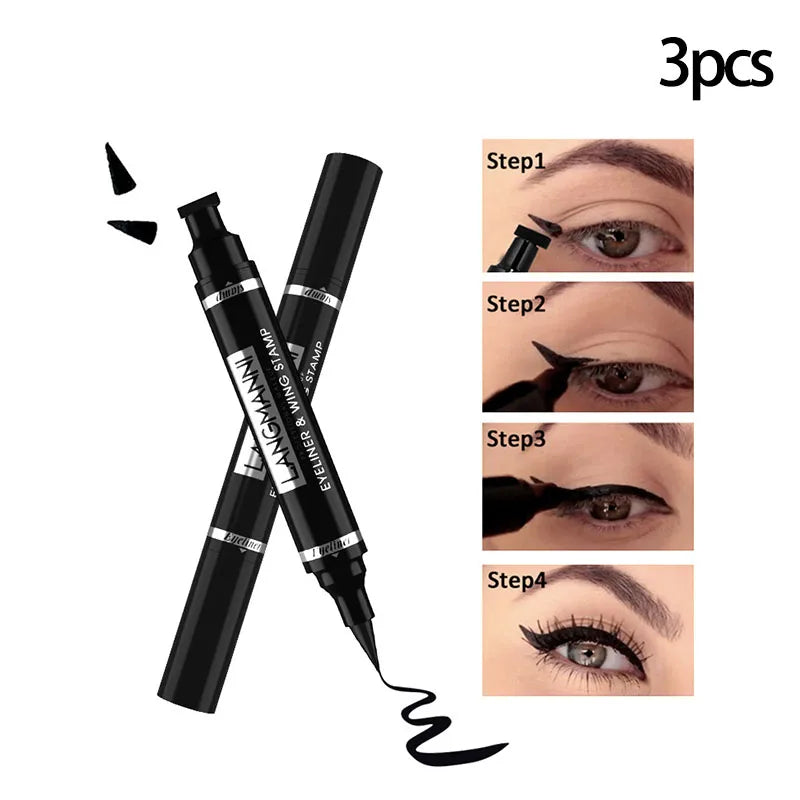 Dual-Ended Stamp Eyeliner Pen, 2-in-1 Waterproof and Smudge-Proof Black Eyeliner with Triangular Tip, Long-Lasting Precision