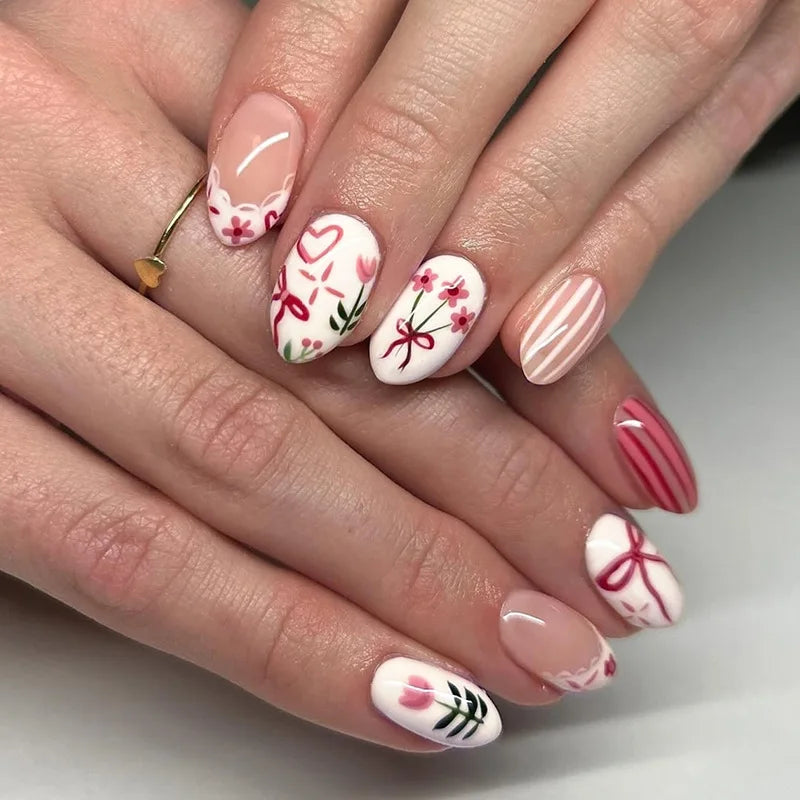 24PCS Wine Red Almond Press on Nails Cartoon Rabbit Bowknot with Plaid Pearl Designs French Fake Nails for Girls Detachable Nail