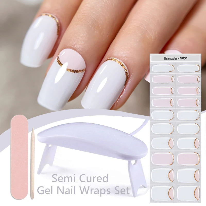 Harunouta 4pcs/set Gradient Jelly Semi Cured Gel Nail Strips with Nail Lamp Nude Pink Waterproof Nail Stickers Long Lasting Wrap