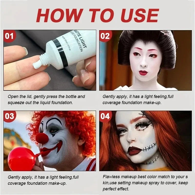 1PC/2PCS White Liquid Foundation 37ml Full Coverage Oil Control Long Lasting for Stage Halloween Cosplay Makeup