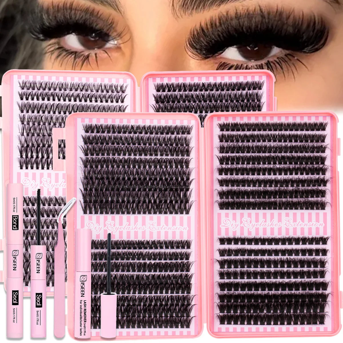 Eyelash Cluster DIY Eyelash Extension Kit with Tweezers Bond and Seal Reusable Single Eyelashes Festival Gift Eye Makeup