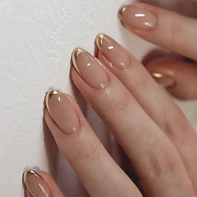 24Pcs Short Oval Head Blush Pink Press on Nails with Simple Designs Almond Nails Wearable Acrylic Full Cover Nail Tips with Glue