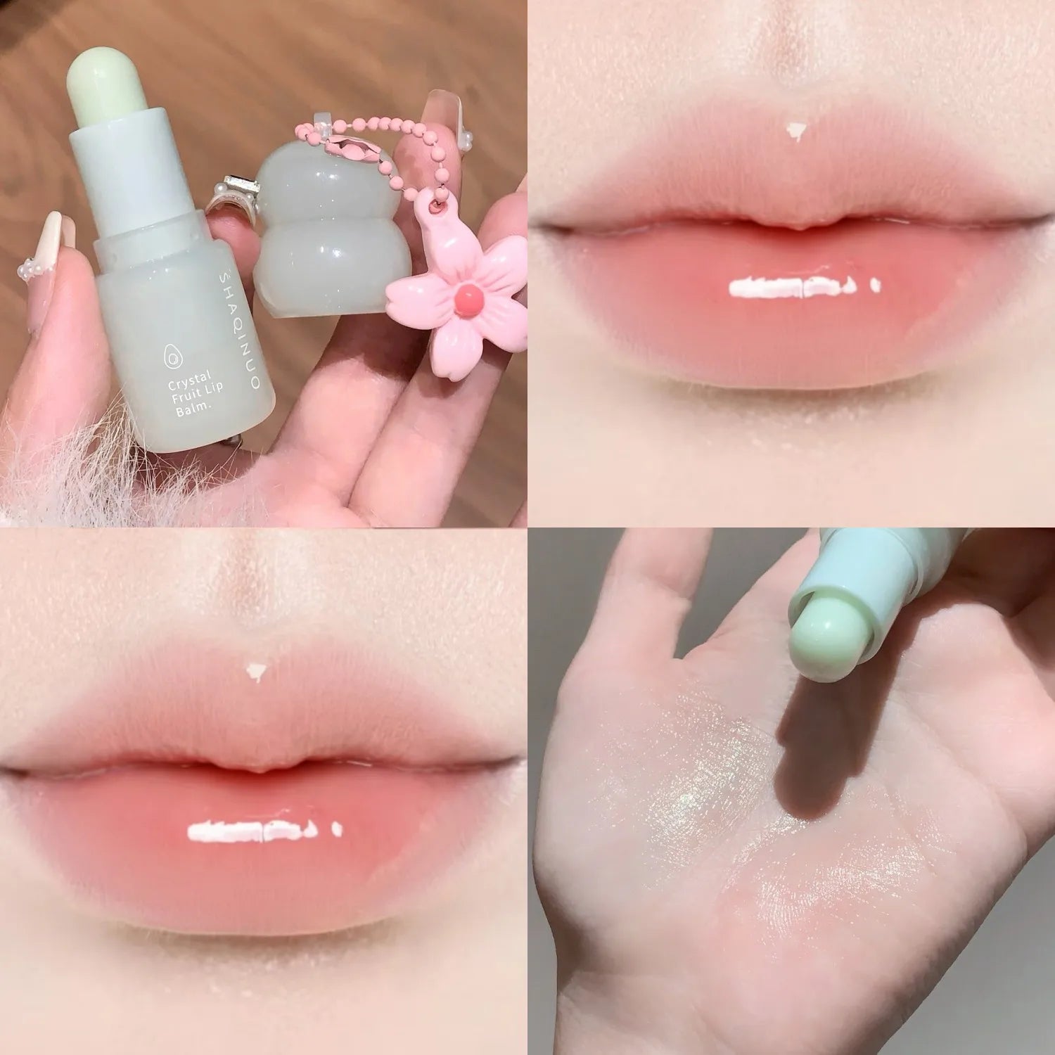 Crystal Strawberry Lip Balm Moisturizing Hydrating Lips Mask Stick Reduce Lip Lines Key Chain for Lip Care Change Color Lipstick