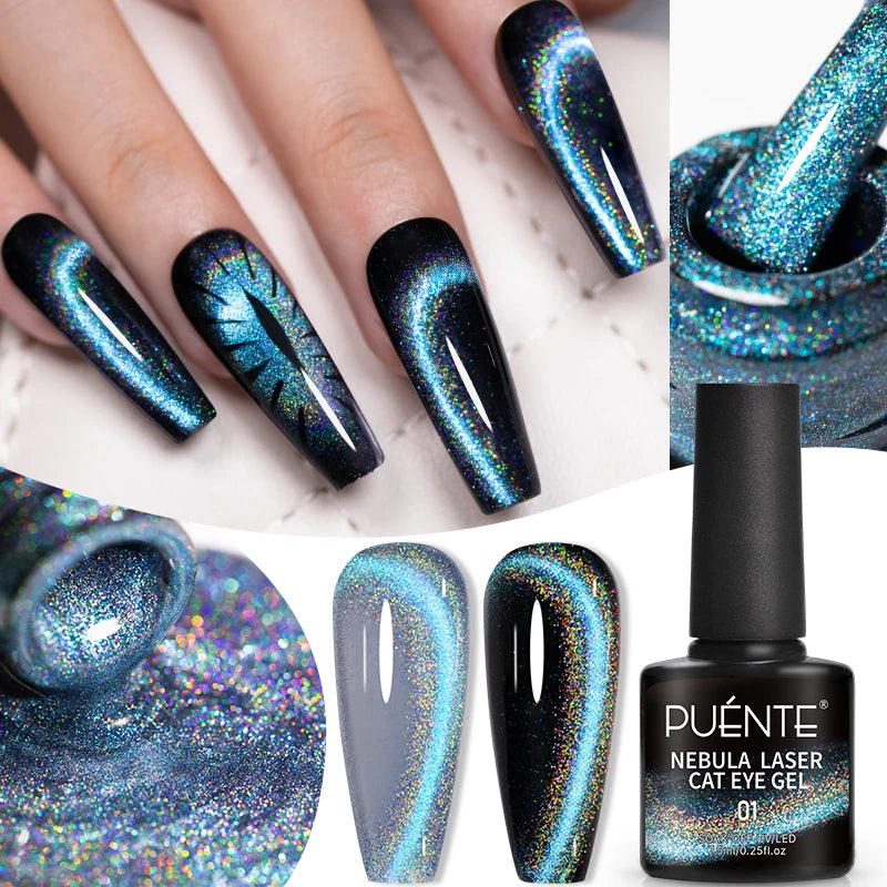 7.5ML Sparkling Rainbow Cat Magnetic Gel Nail Polish Pinkish Purple Laser Cat Eye Gel Soak Off UV Nail Art Varnish For Manicure