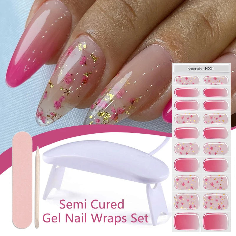 Harunouta 4pcs/set Gradient Jelly Semi Cured Gel Nail Strips with Nail Lamp Nude Pink Waterproof Nail Stickers Long Lasting Wrap