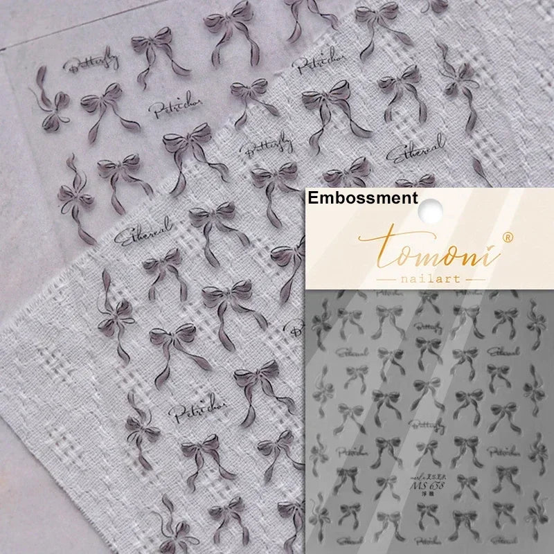French Leopard Print Bowknot Lace Ribbon Rhinestone Pearl Bow Tie Simple White Black Nail Art Stickers Decoration Manicure Decal