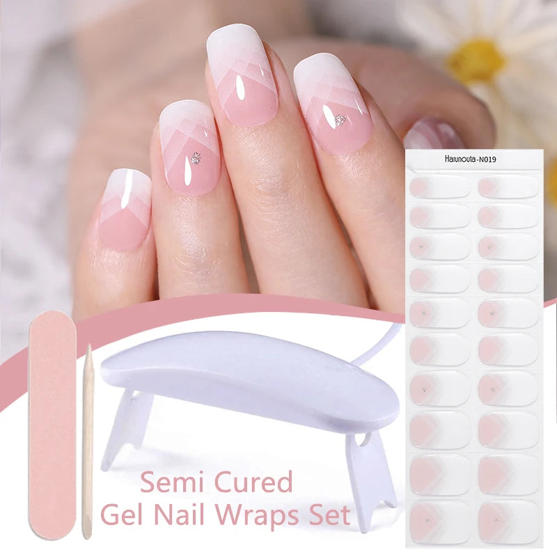 Harunouta 4pcs/set Gradient Jelly Semi Cured Gel Nail Strips with Nail Lamp Nude Pink Waterproof Nail Stickers Long Lasting Wrap