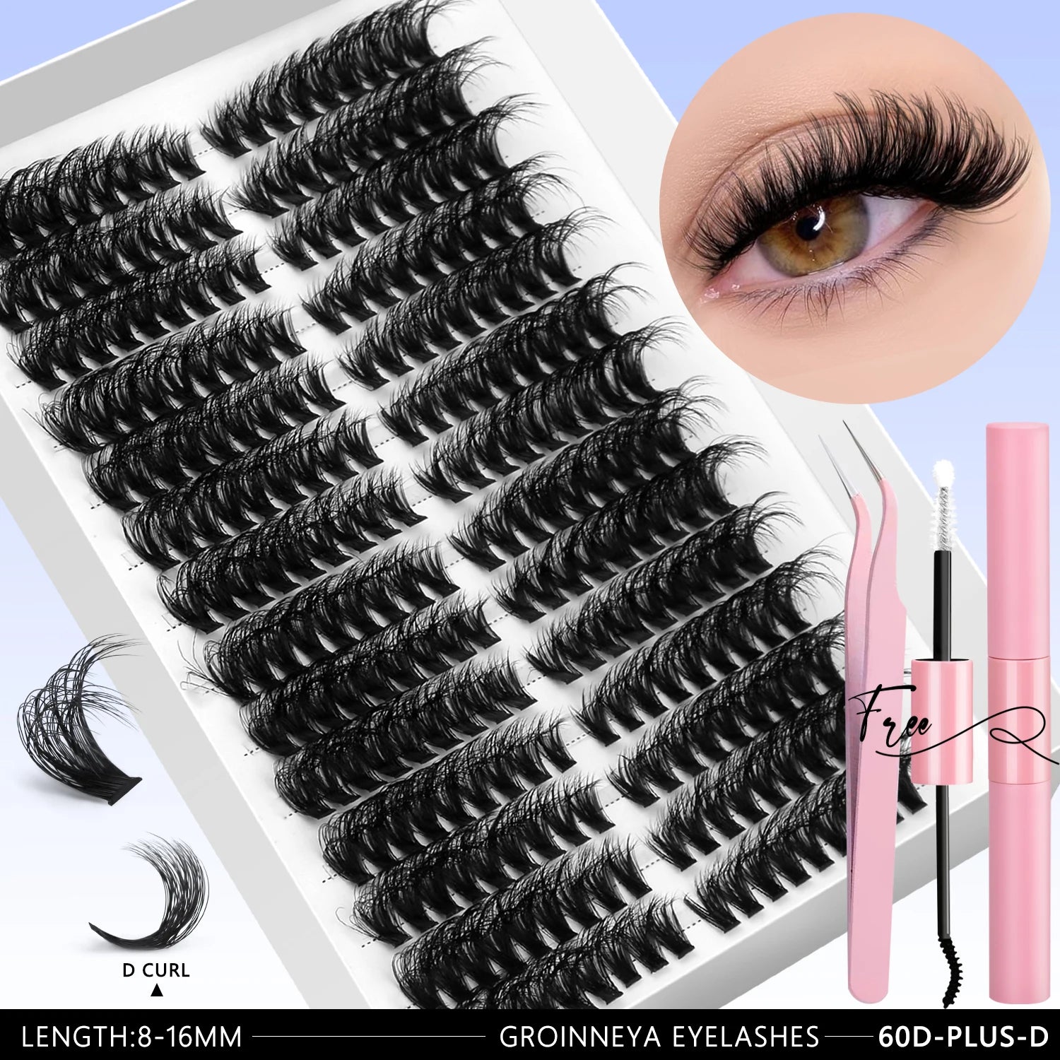 GROINNEYA DIY Eyelash Extension Kit Lashes Clusters Set Mix Eyelashes Full Set With Lash Bond&Seal and Eyelash Tweezers Makeup