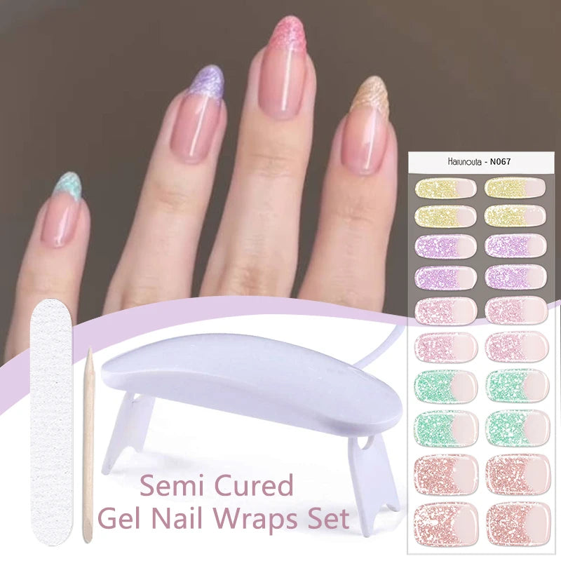 Harunouta 4pcs/set Gradient Jelly Semi Cured Gel Nail Strips with Nail Lamp Nude Pink Waterproof Nail Stickers Long Lasting Wrap