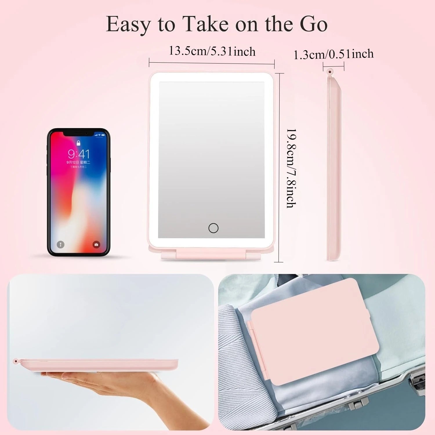 LED Folding Travel Makeup Mirror 3 Colors Light Modes USB Rechargeable Touch Screen Portable Tabletop Cosmetic Mirror