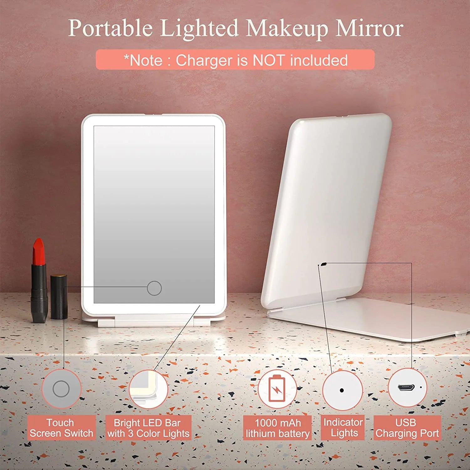 LED Folding Travel Makeup Mirror 3 Colors Light Modes USB Rechargeable Touch Screen Portable Tabletop Cosmetic Mirror