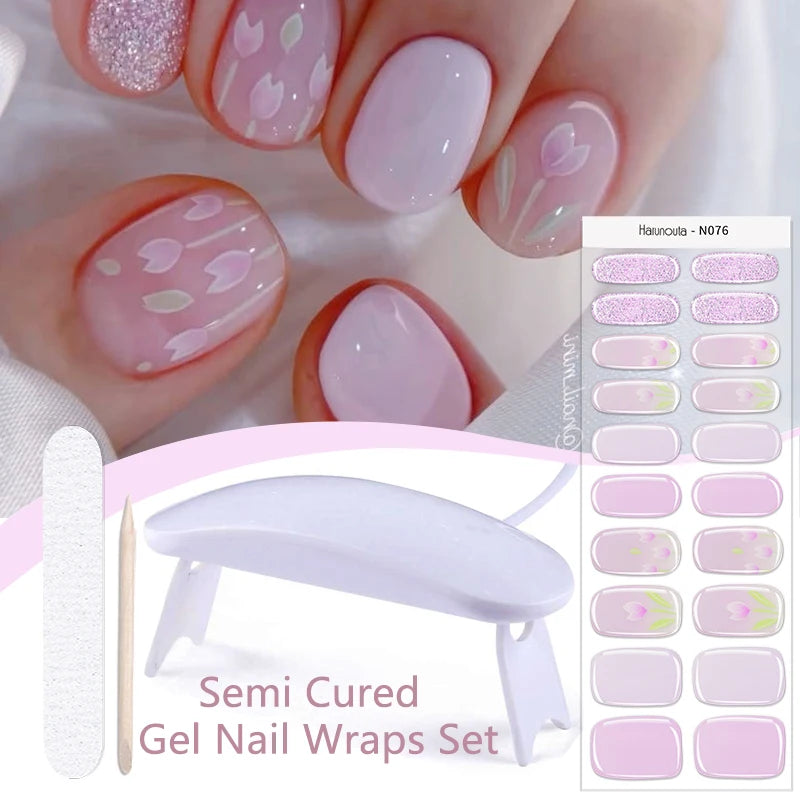 Harunouta 4pcs/set Gradient Jelly Semi Cured Gel Nail Strips with Nail Lamp Nude Pink Waterproof Nail Stickers Long Lasting Wrap