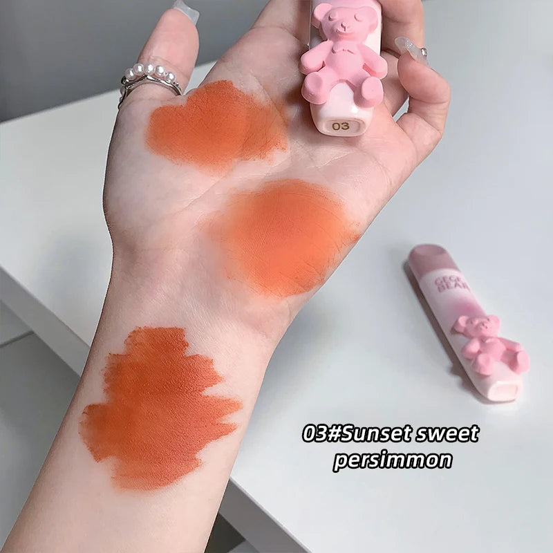 Cute Little Bear Lip Glaze Mist Face Matte Velvet Lipstick Holding Makeup Whitening Lip Cream Coloring Lip Color
