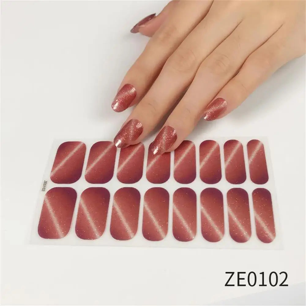 Gradient Cat Eye Style Nail Art Stickers, 16-Piece Set Self-Adhesive Waterproof Glitter False Nail Decals