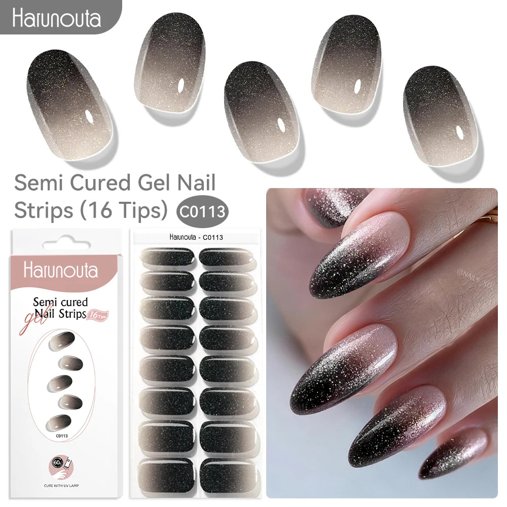 Harunouta 16strips Gradient Red Marble Gold Line Semi Cured Gel Nail Strips DIY Gel Polish Stickers for Nails Work with UV/LED