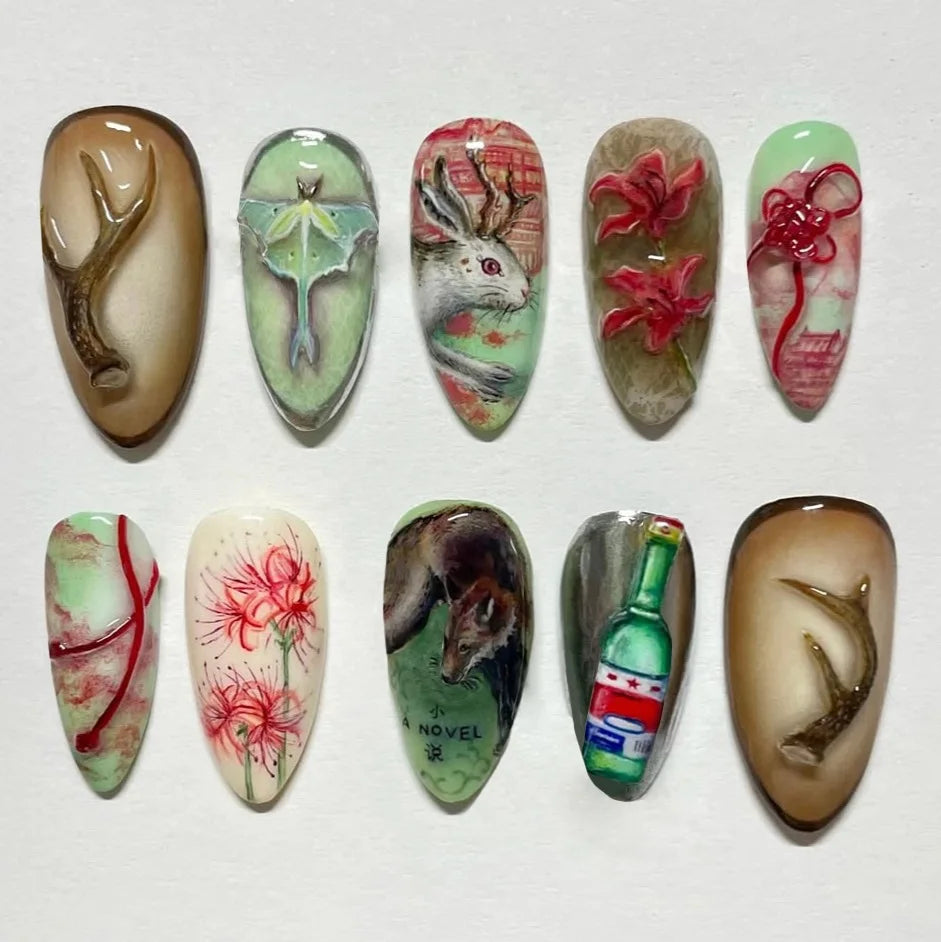 24pcs Flower Print Press on Nails Wine Red Blush Almond False Nail Tips Wearable Reusable Summer Spicy Girl Fake Nails