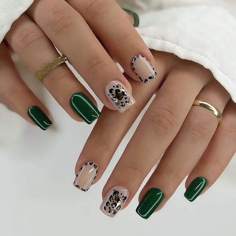 Black Leopard Print Light Yellow French Red Flowers Fake Nails Fashion Detachable Finished False Nails Press on Nails with Glue