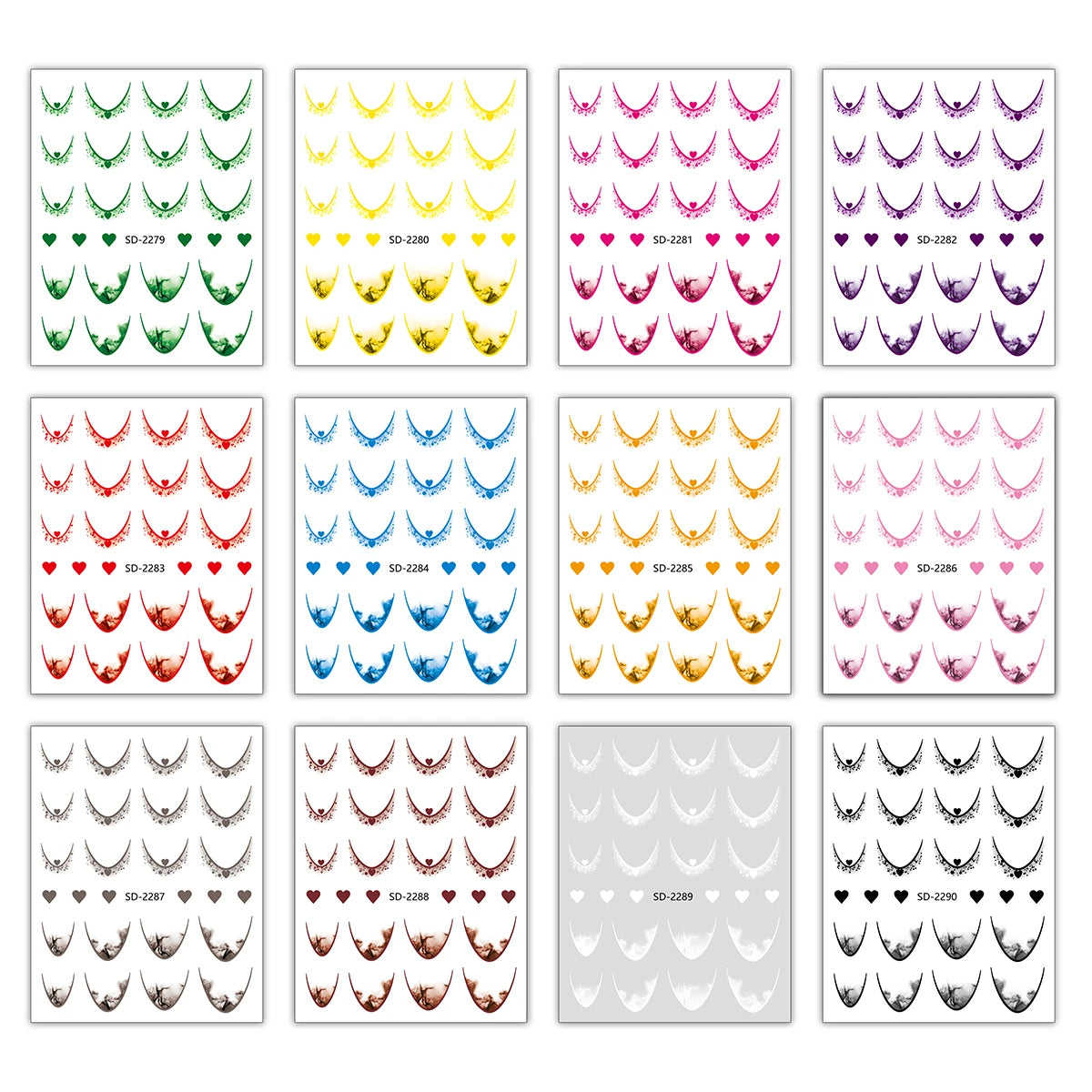 12 Sheets Gradient French Tip Nail Stickers Heart Design Nail Decals Self-Adhesive Manicure Stickers 12 Colors for DIY Nail Art