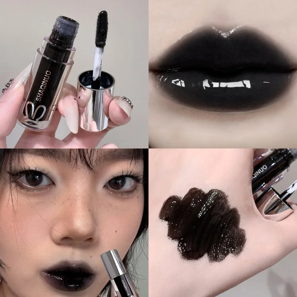 Black Rabbit Gothic Silver Metallic Lip Gloss Black Mirror Light Translucent Lip Lacquer Non-Sticky Water Gloss Lips Tint Makeup