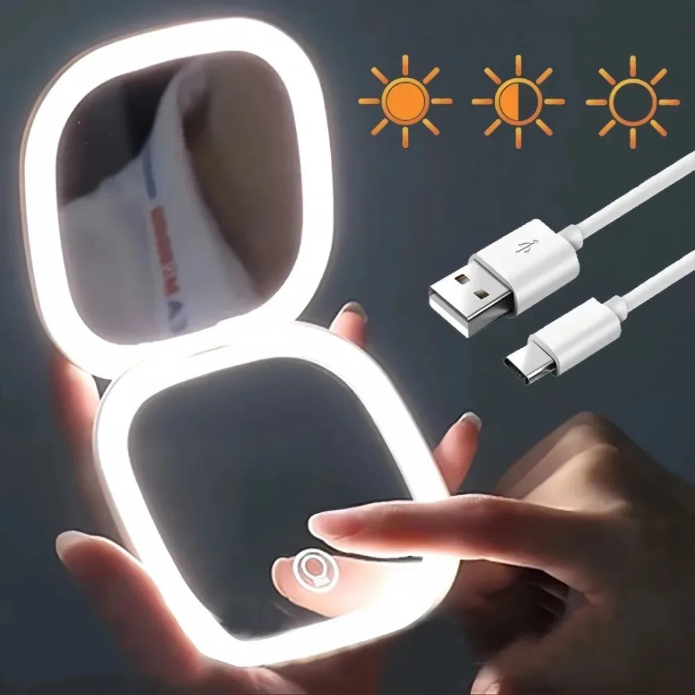 Portable LED Travel Makeup Mirror with 2X Magnification and Three Level Dimming - Double Sided, Handheld, Compact and Folding
