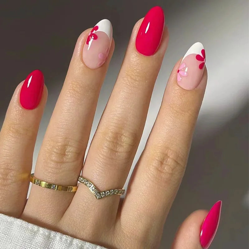24pcs Red Flower Design Stick on Nail Art French Oval Fake Nail Finished Short Almond False Nails Datachable Press on Nails Tips